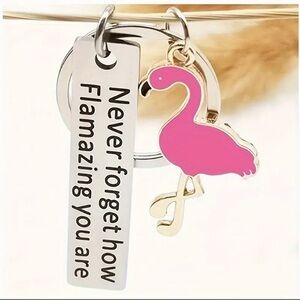 Flamingo Keychain Positive Message Silver Tone Pink